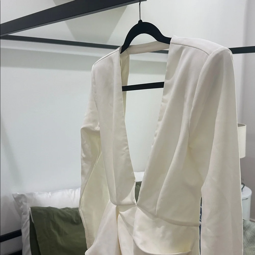 REVOLVE ivory long sleeve plunging neckline, ruffled skirt, backless mini dress - Picture 6 of 9